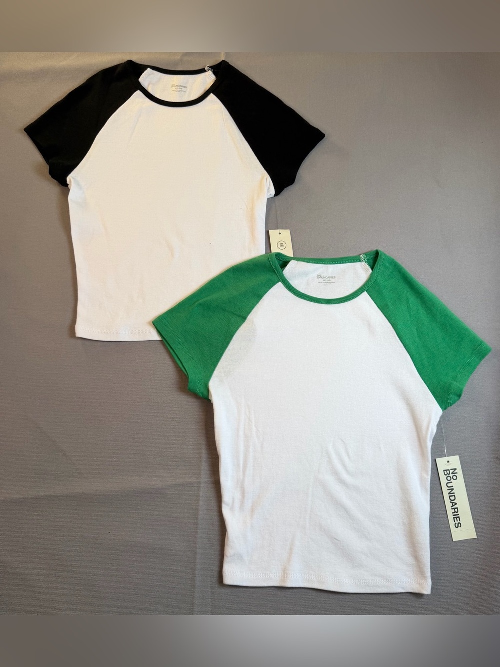 No Boundaries Juniors XXS White Tee with Black & Green Raglan Sleeves 2-Pack NWT